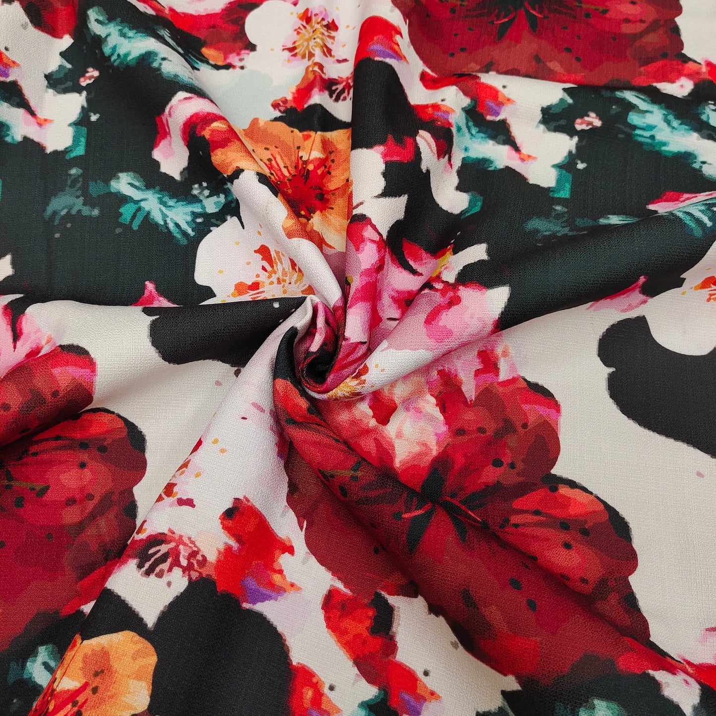 Red/Black Floral Printed Polyester Linen