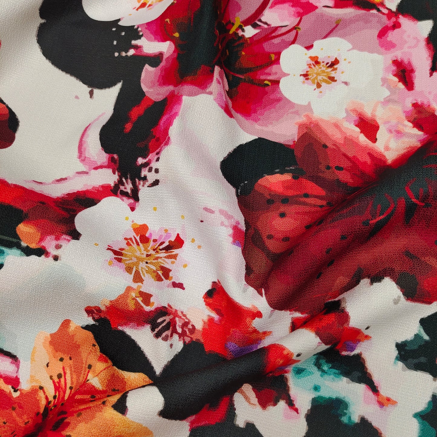 Red/Black Floral Printed Polyester Linen