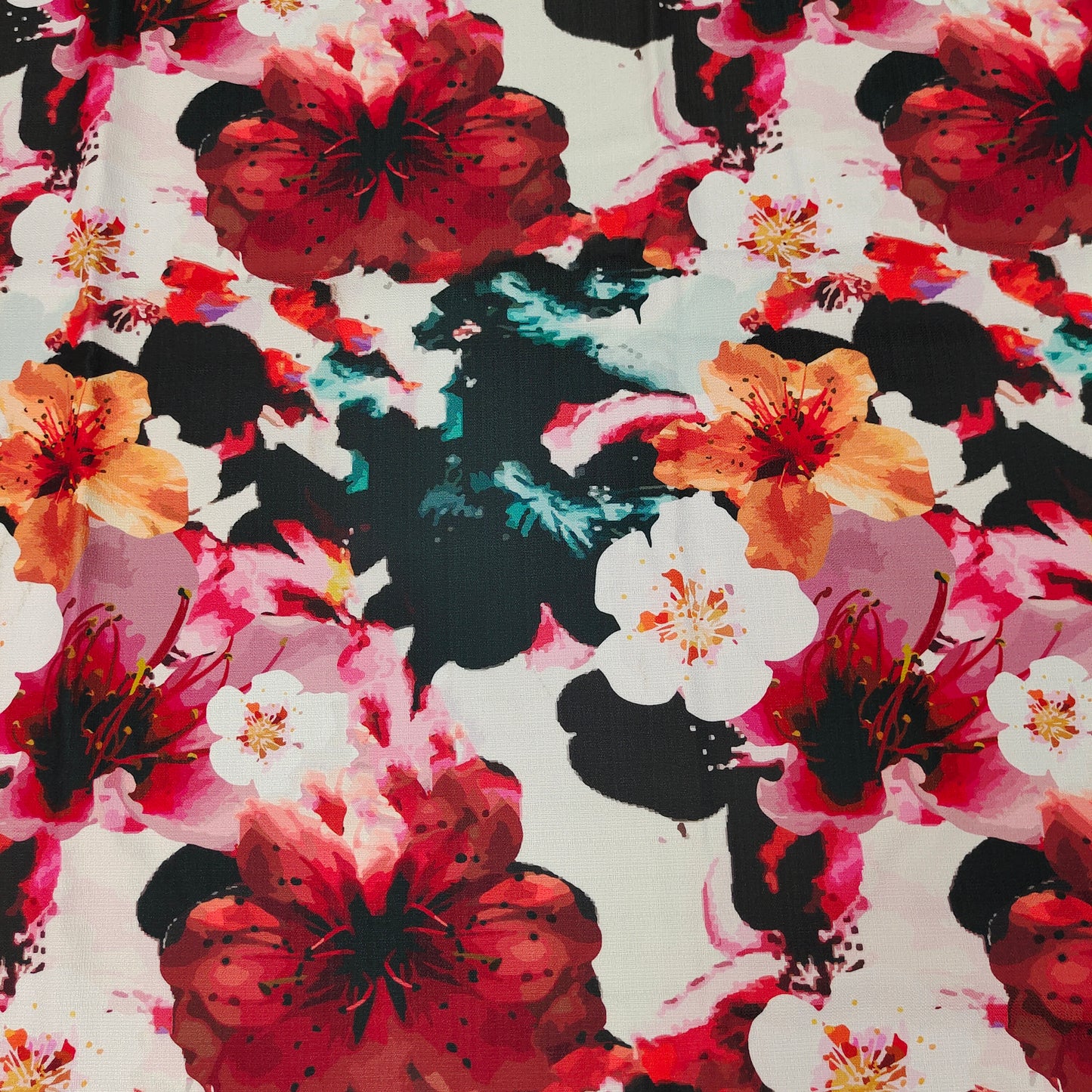 Red/Black Floral Printed Polyester Linen